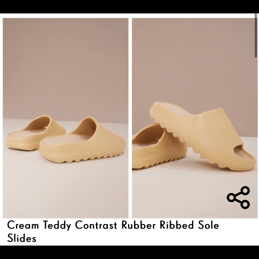 Cream Teddy Contrast Rubber Ribbed Sole Slides